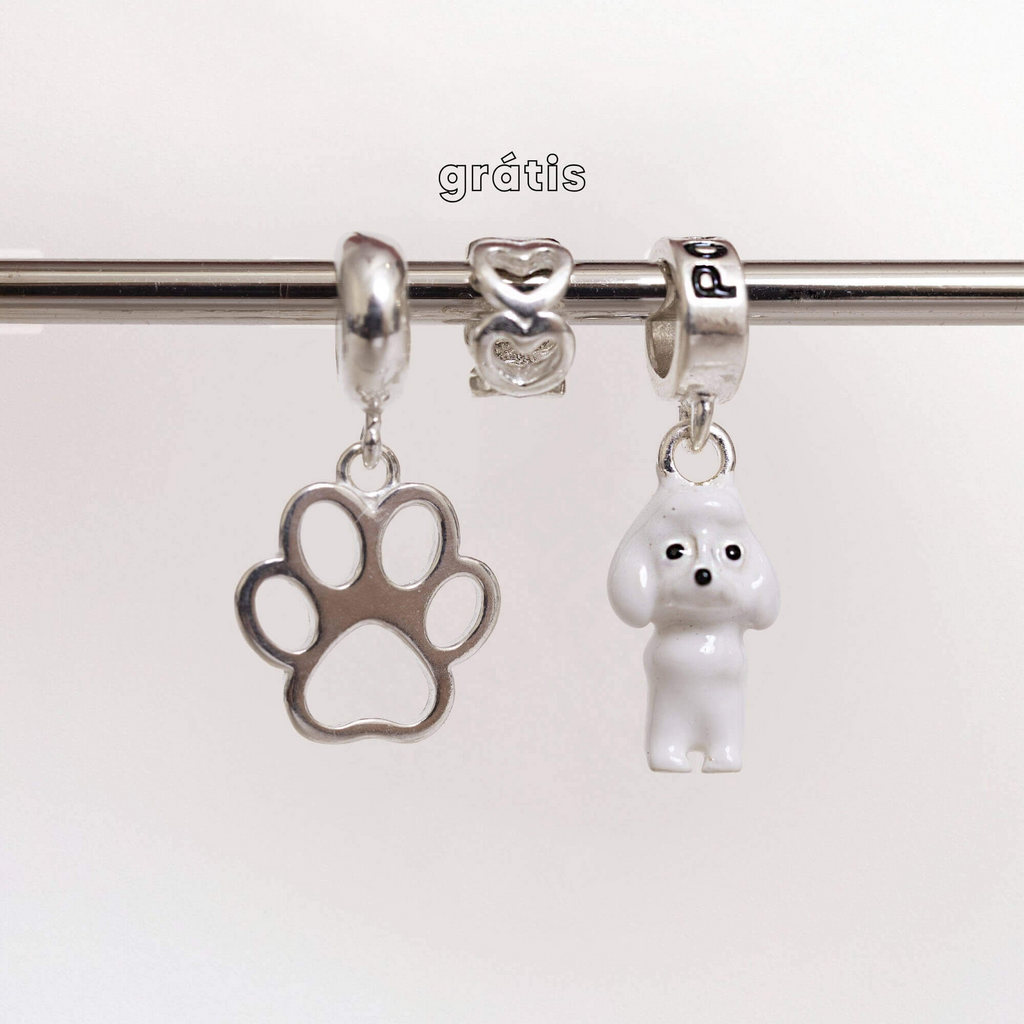 Leve 3 pague 2 - Kit de Berloques em Prata 925 com Patinha Vazada, Cachorro Poodle e Ganhe Mini Separador Corações