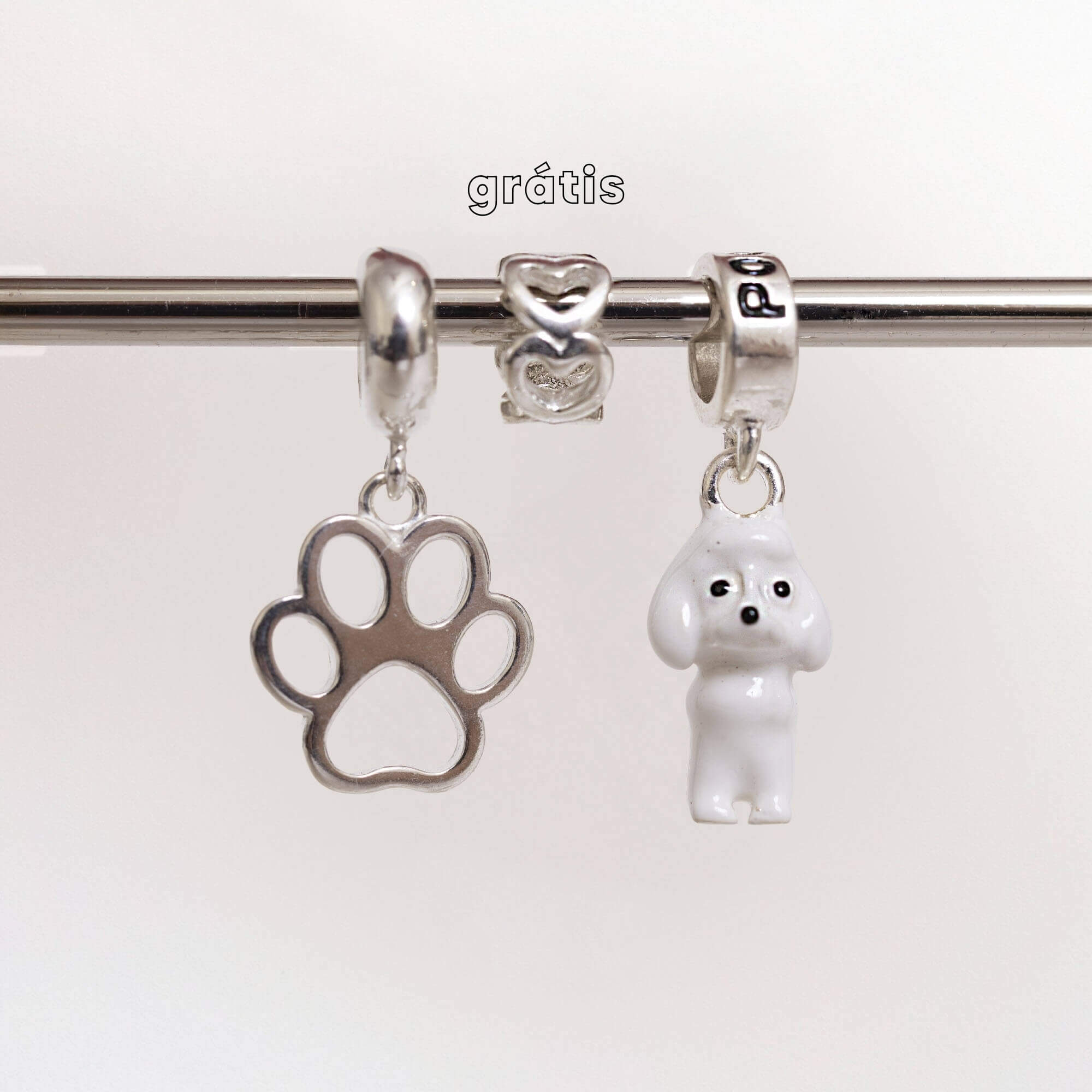 Leve 3 pague 2 - Kit de Berloques em Prata 925 com Patinha Vazada, Cachorro Poodle e Ganhe Mini Separador Corações