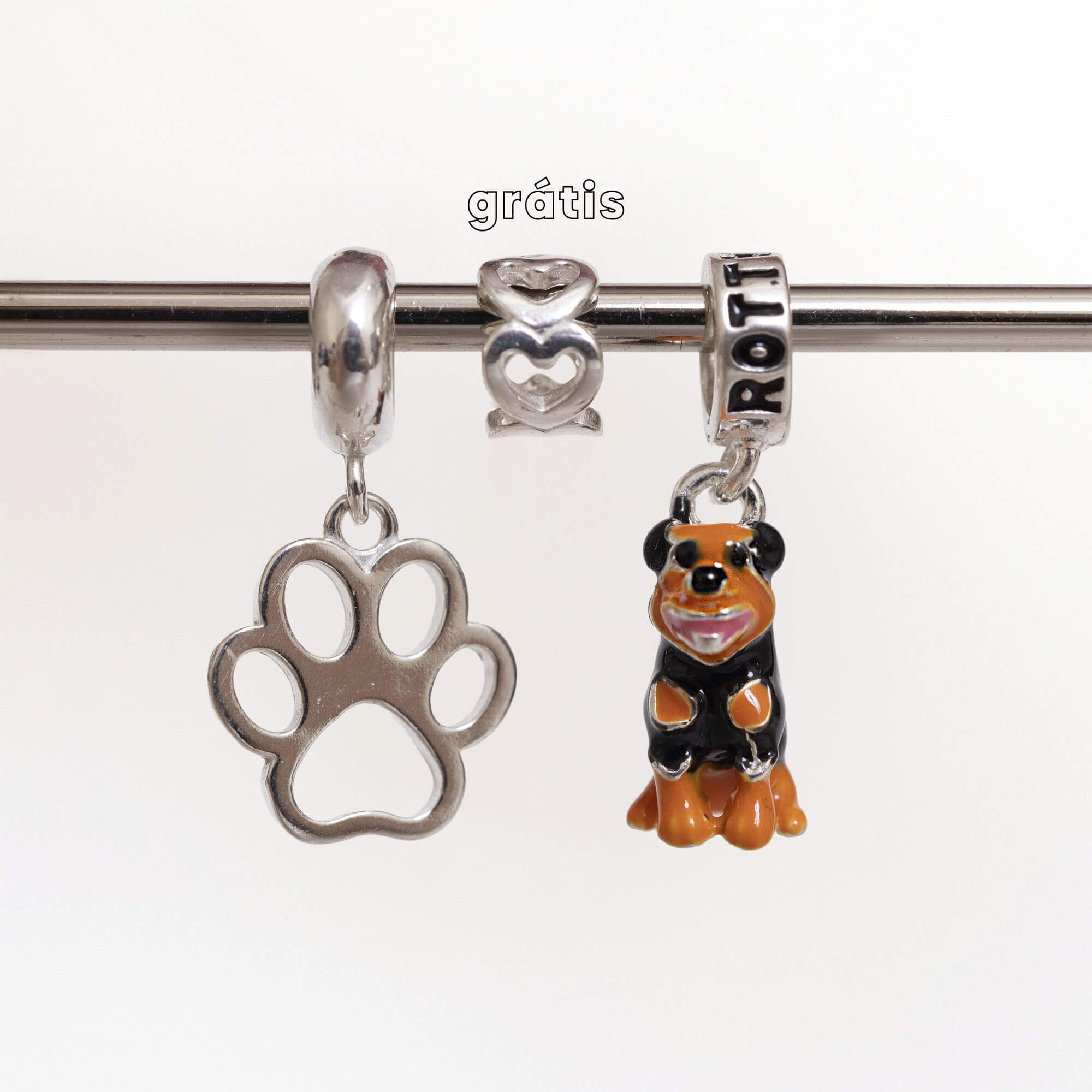 Leve 3 pague 2 - Kit de Berloques em Prata 925 com Patinha Vazada, Cachorro Rottweiler e Ganhe Mini Separador Corações