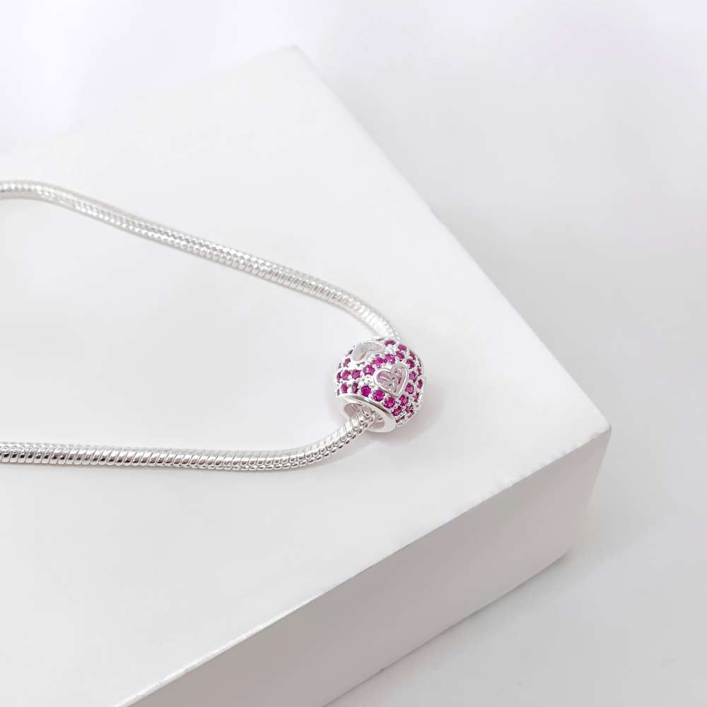 Berloque Separador Com Corações e Zircônia Rosa Prata 925