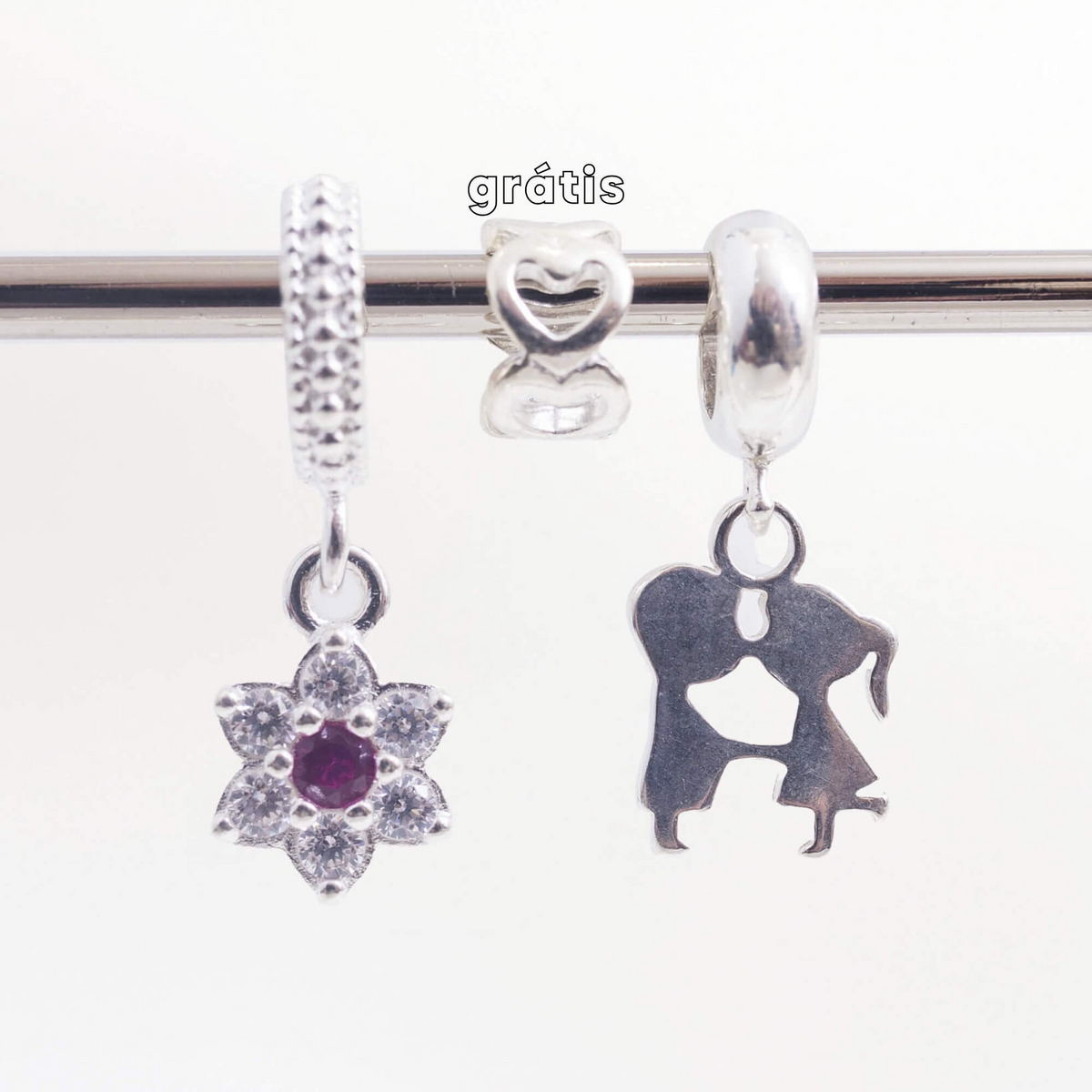 Leve 3 pague 2 - Kit de Berloques em Prata 925 com Flor Zircônia Rosa, Casal e Ganhe Mini Separador Corações