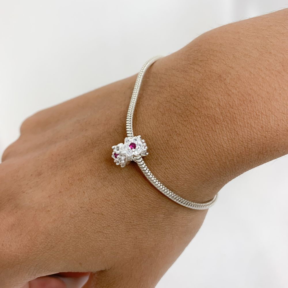 Berloque Mini Separador Flor Com Zircônia Rosa Prata 925