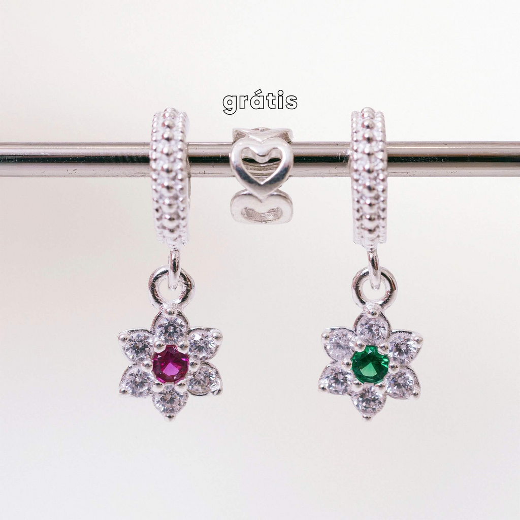 Leve 3 pague 2 - Kit de Berloques em Prata 925 com Flor Rosa, Flor Verde e Ganhe Mini Separador Corações