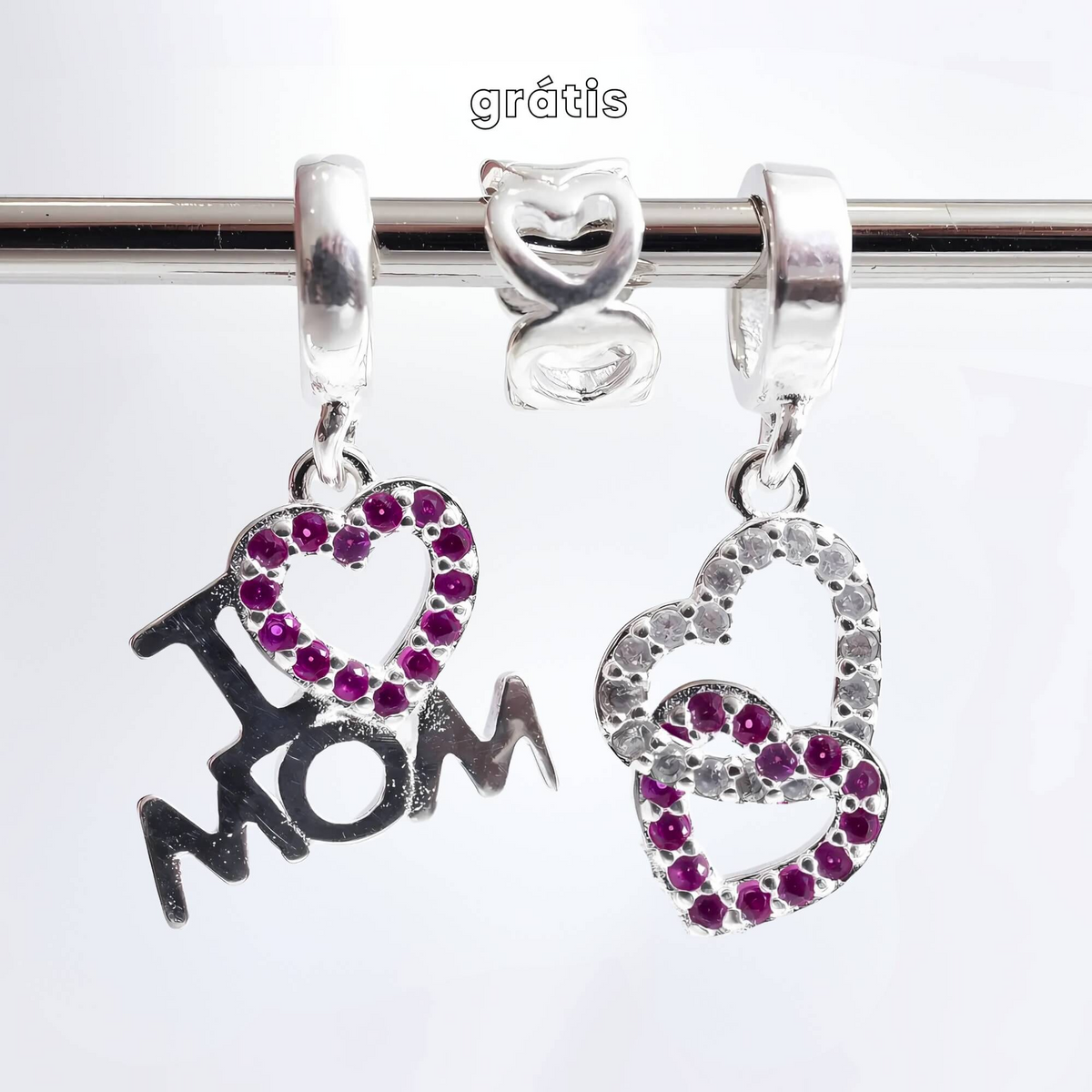 Leve 3 pague 2 - Kit de Berloques em Prata 925 com Corações Elo, Coração Pink I Love Mom e Ganhe Mini Separador Corações