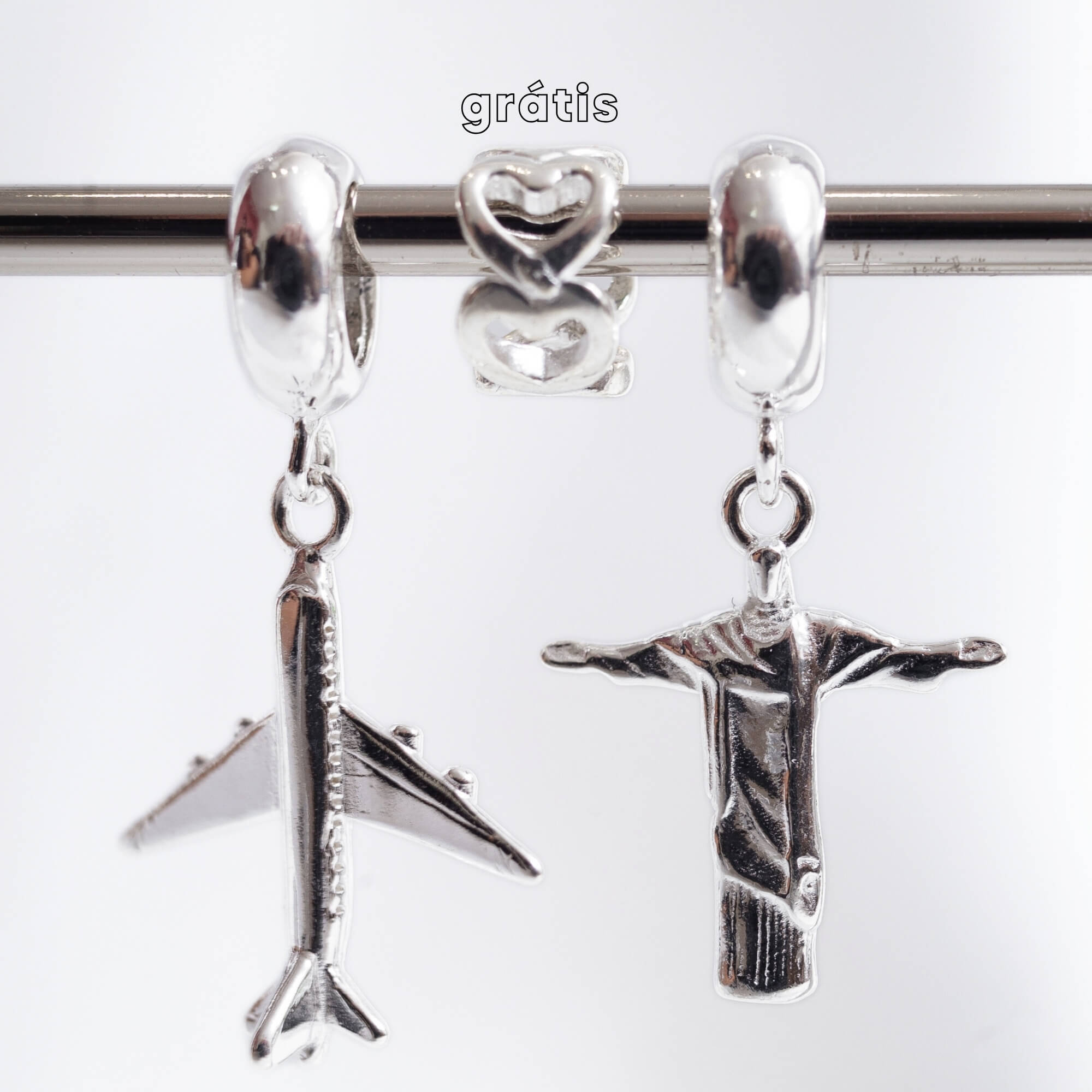 Leve 3 pague 2 - Kit de Berloques em Prata 925 com Avião Pingente, Cristo Redentor e Ganhe Mini Separador Corações