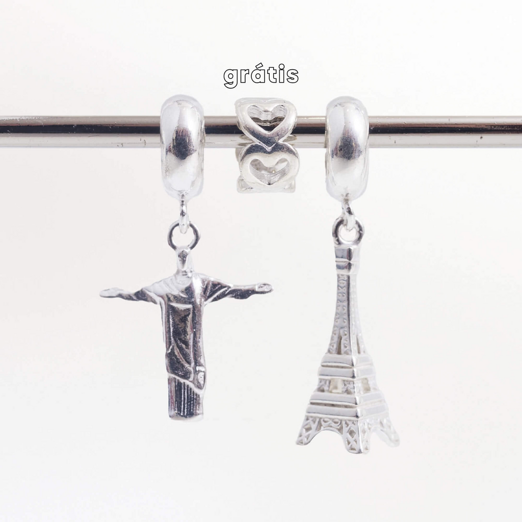 Leve 3 pague 2 - Kit de Berloques em Prata 925 com Torre Eiffel, Cristo Redentor e Ganhe Mini Separador Corações