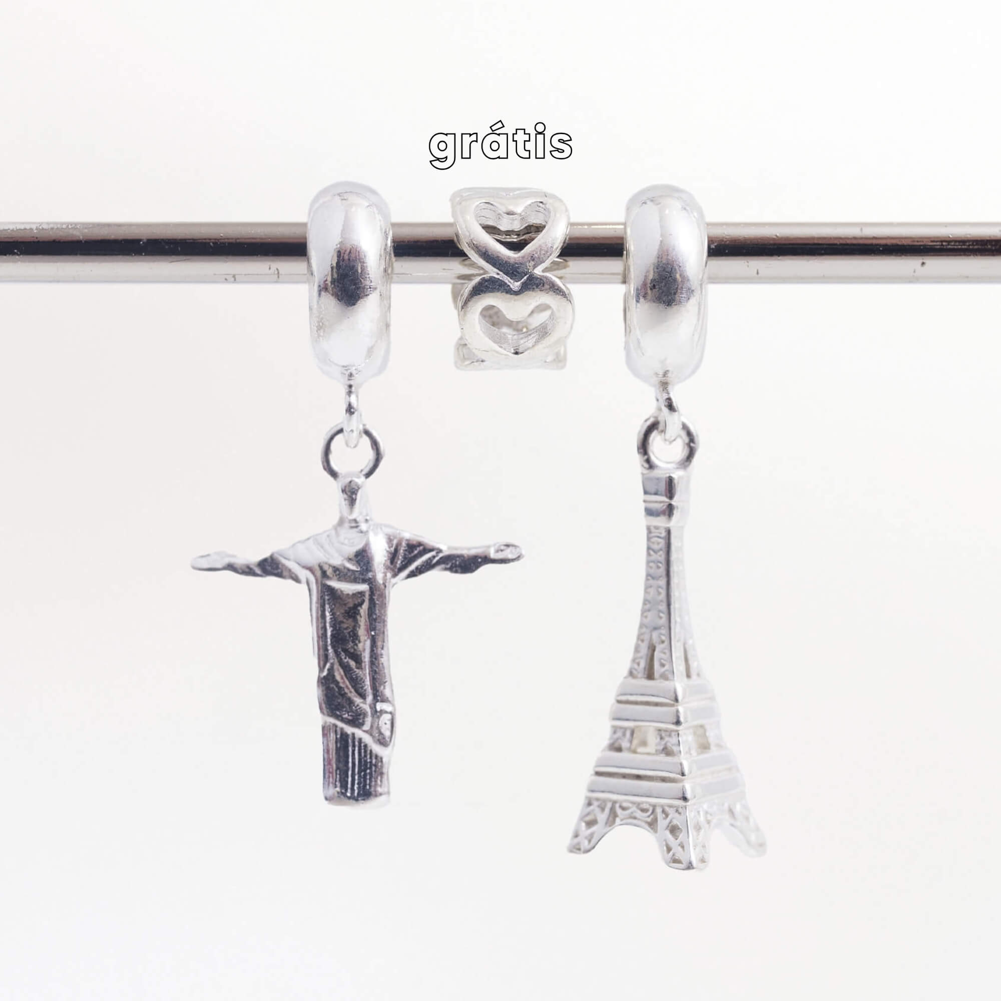 Leve 3 pague 2 - Kit de Berloques em Prata 925 com Torre Eiffel, Cristo Redentor e Ganhe Mini Separador Corações