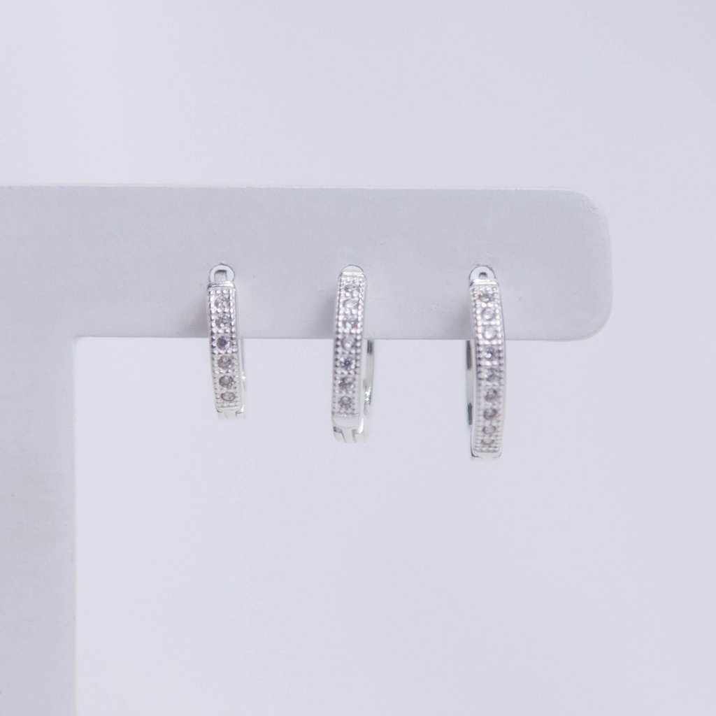 Trio de Brincos Argolas Click Aro Quadrado Cravejado com Zircônias Prata 925