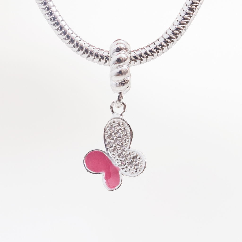 Leve 3 pague 2 - Kit de Berloques em Prata 925 com Flor Zircônia Rosa, Borboleta Rosa e Ganhe Mini Separador Corações
