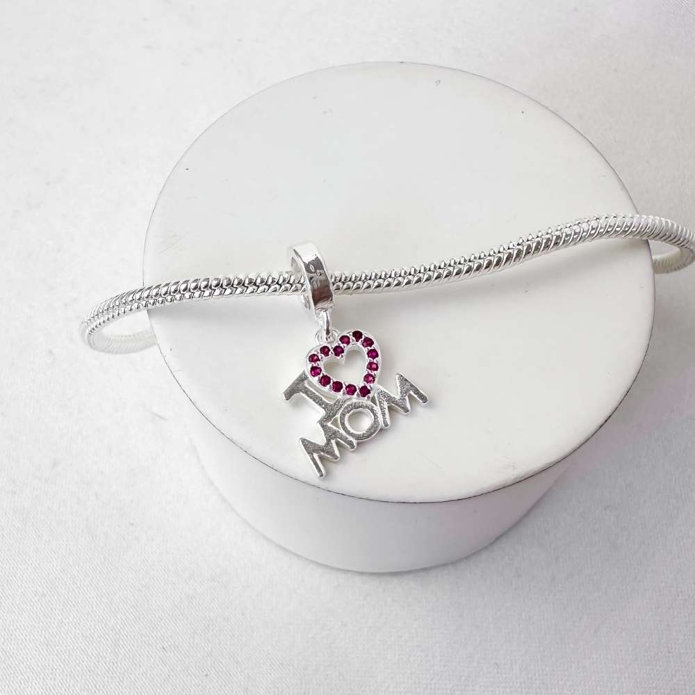 Berloque Coração Cravejado Pink I Love Mom Prata 925