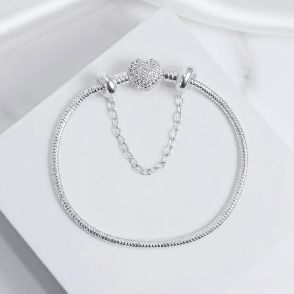 Kit Pulseira Coração Cravejado + Corrente de Segurança Prata 925
