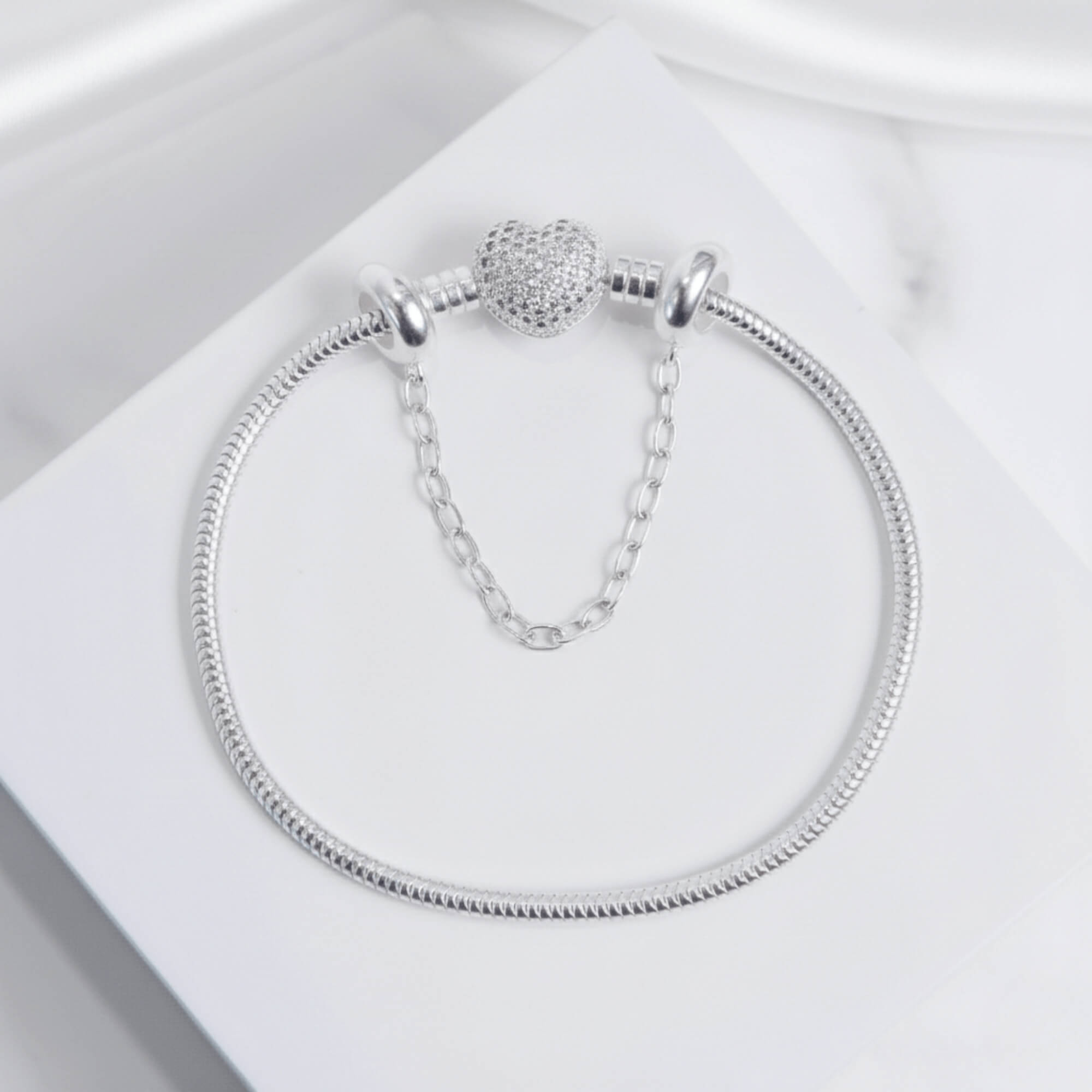 Kit Pulseira Coração Cravejado + Corrente de Segurança Prata 925