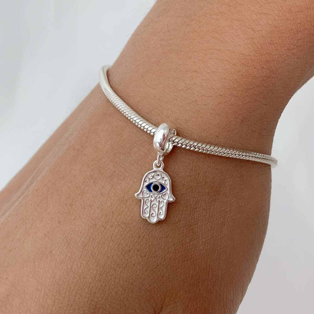 Berloque Hamsa Azul Pingente Prata 925