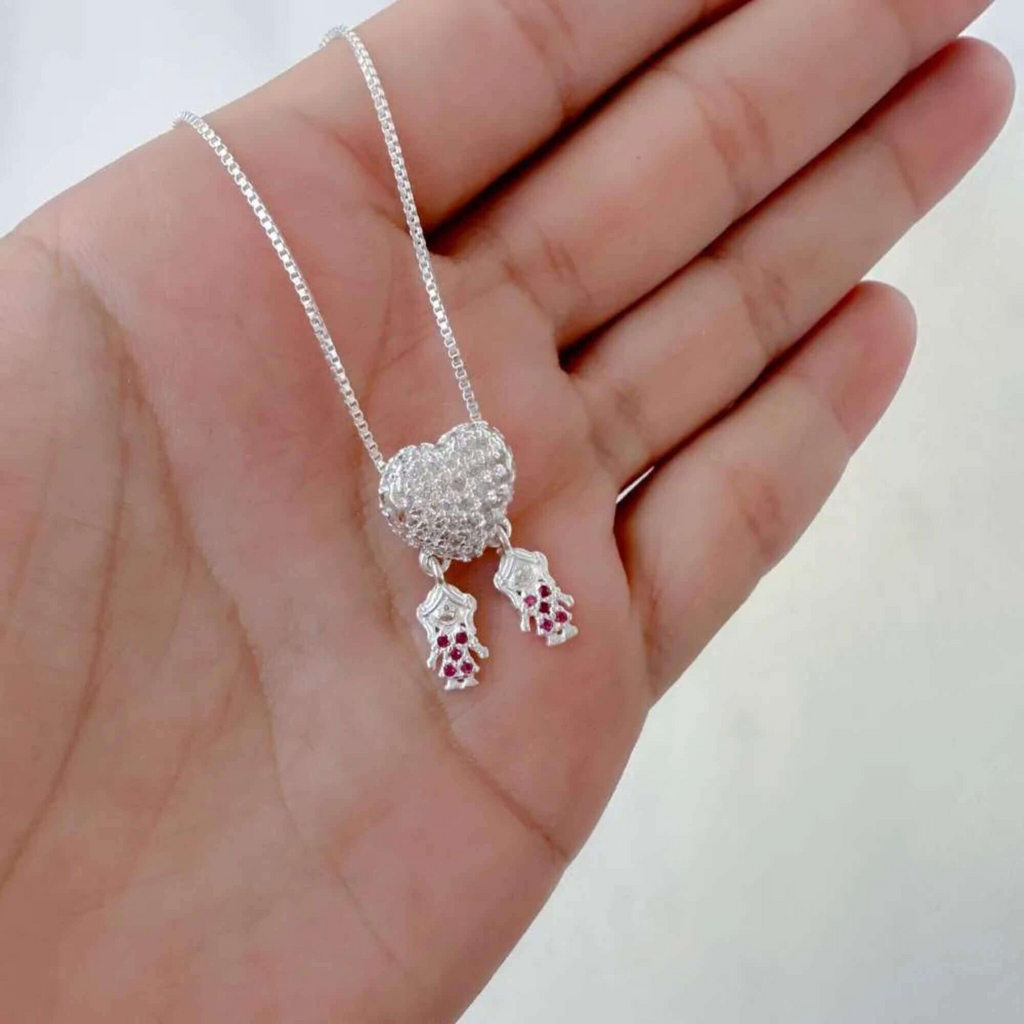 Kit Presente Prata 925 Colar Coração Cravejado com Meninas Zircônia Pink