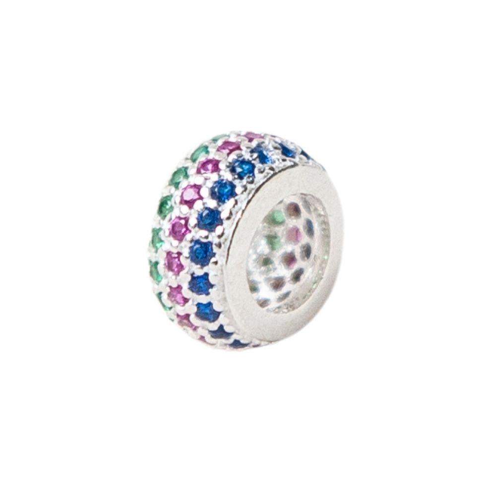 Berloque Separador com Zircônias Coloridas Azul Pink e Verde Prata 925