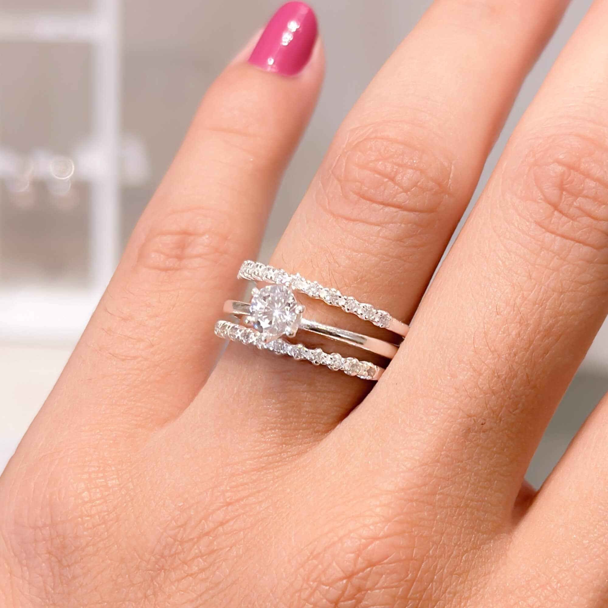Kit de Anéis em Prata 925 Solitário com Zircônia + 2 Aparadores Cravejados