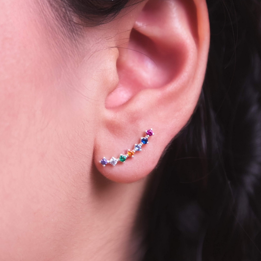 Brinco Ear Cuff Zircônias Coloridas Prata 925