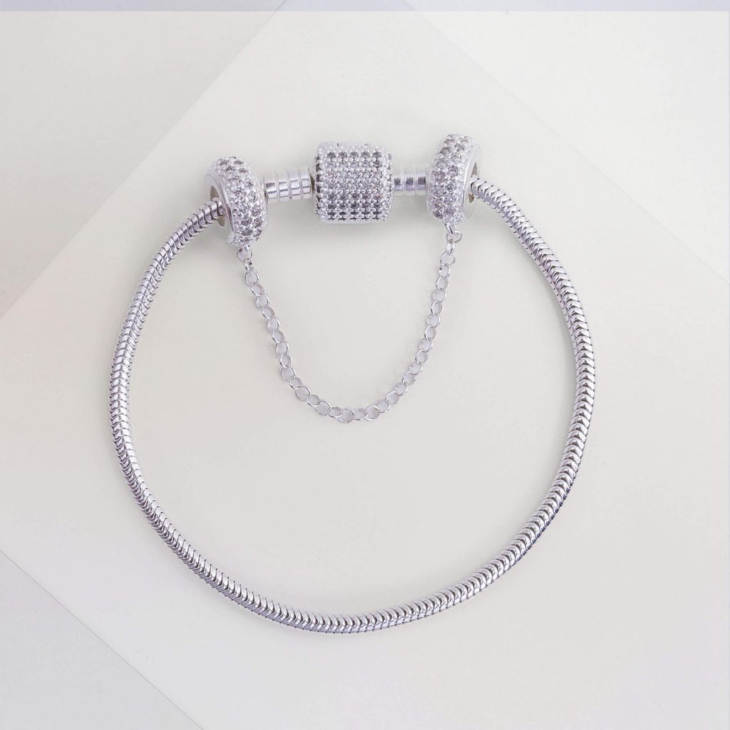 Kit Pulseira Tradicional Cravejada + Corrente de Segurança Cravejada Zircônia Cristal Prata 925