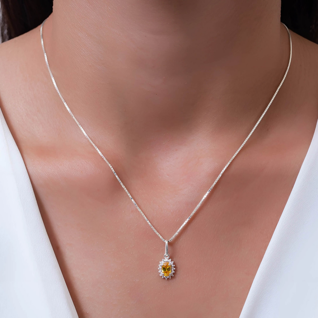 Colar Ponto de Luz Amarelo Topázio Com Cravejado Cristal 45 cm Prata 925