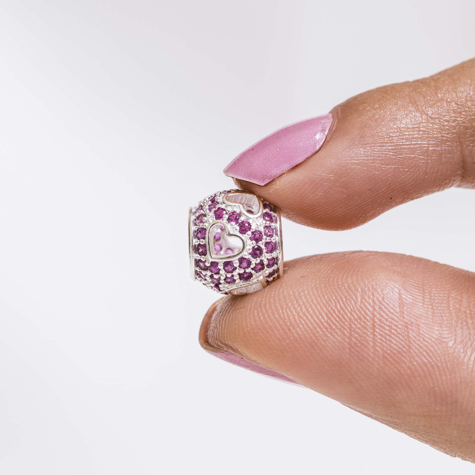 Berloque Separador Com Corações e Zircônia Rosa Prata 925