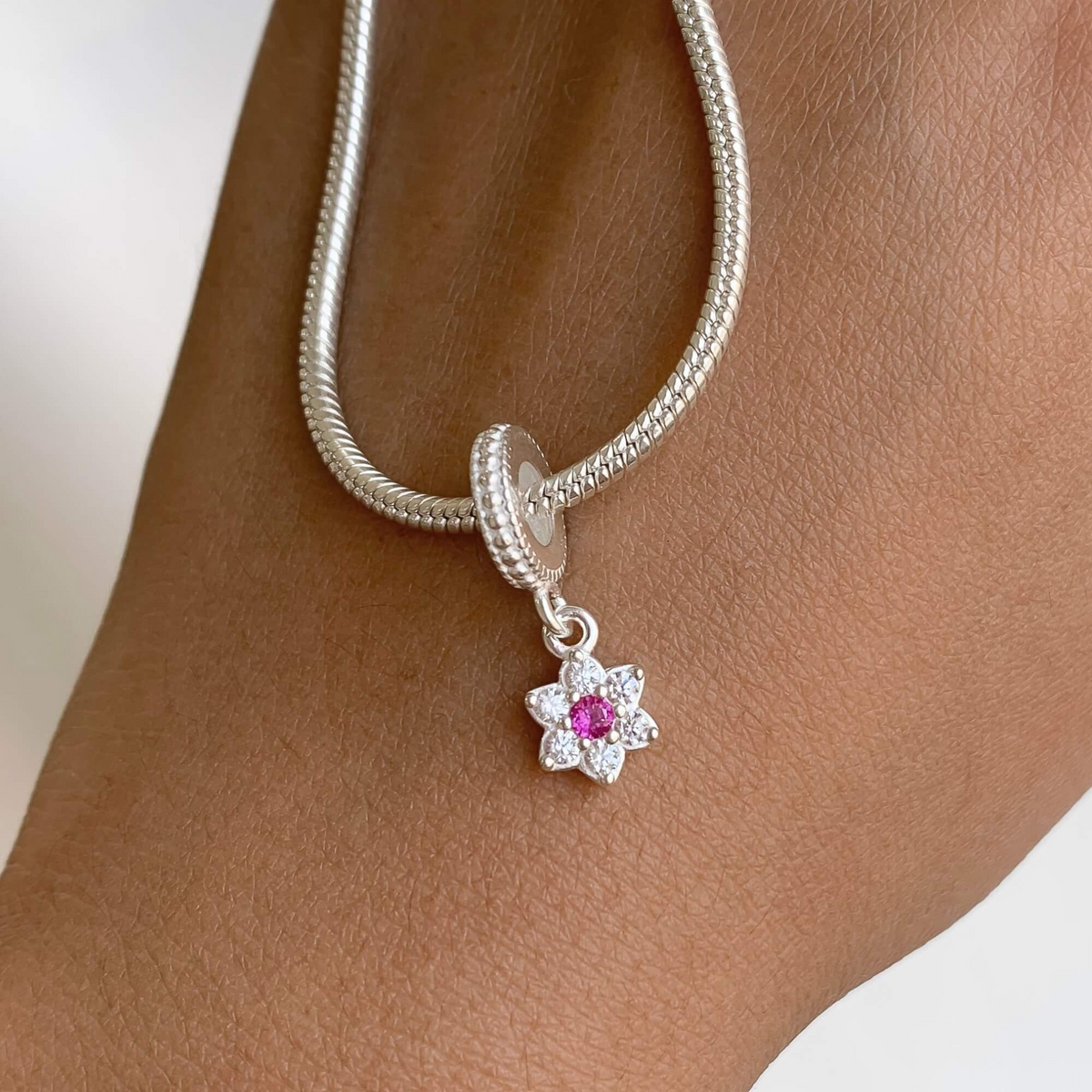 Berloque Flor Zircônia Rosa Prata 925