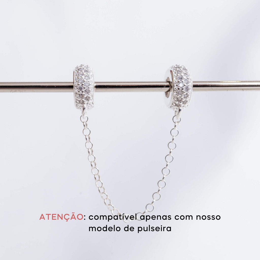 Corrente de Segurança Trava Silicone Cravejada Prata 925