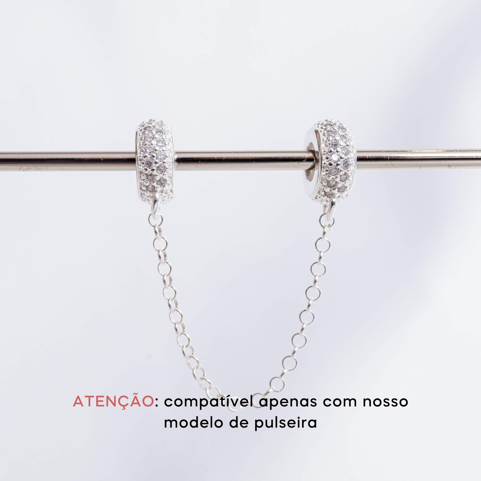 Corrente de Segurança Trava Silicone Cravejada Prata 925