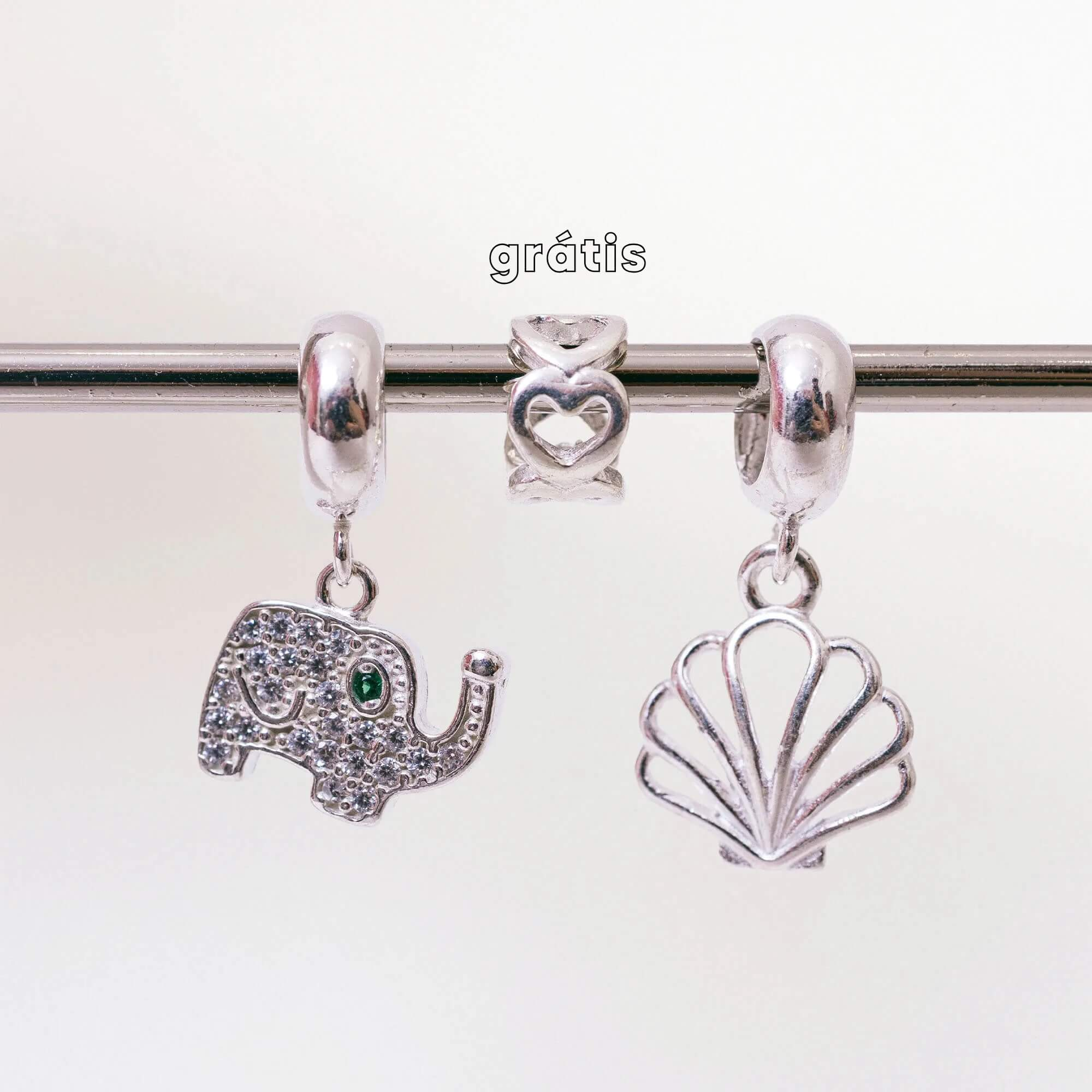 Leve 3 pague 2 - Kit de Berloques em Prata 925 com Elefante, Concha do Mar e Ganhe Mini Separador Corações