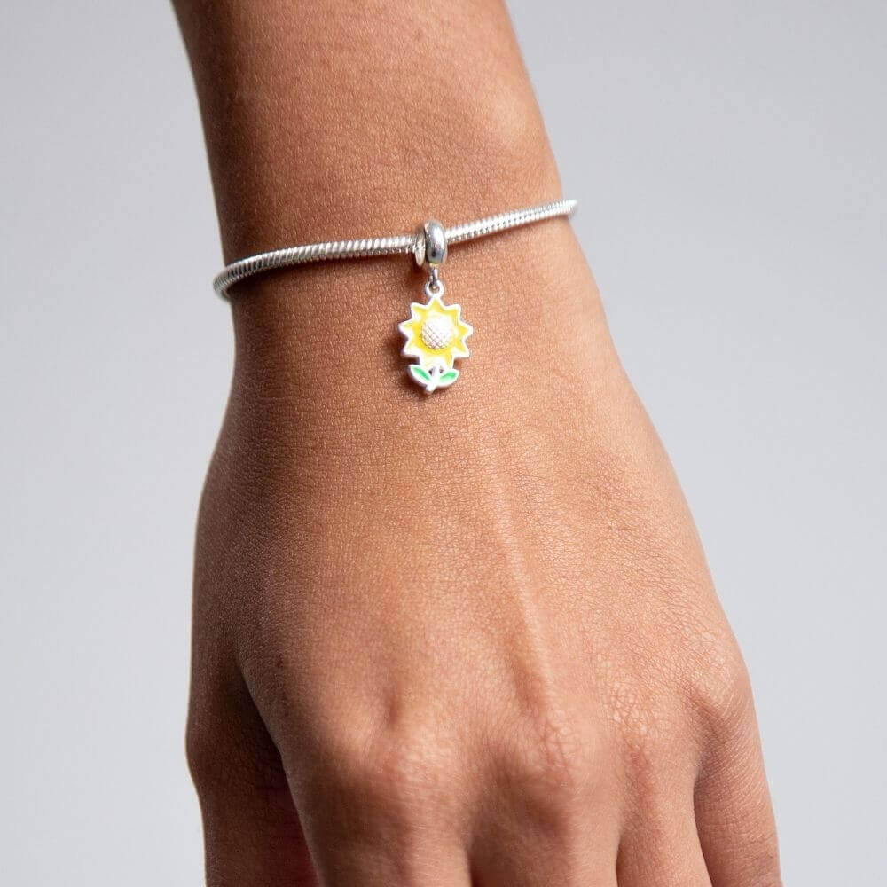 Berloque Girassol Amarelo Prata 925