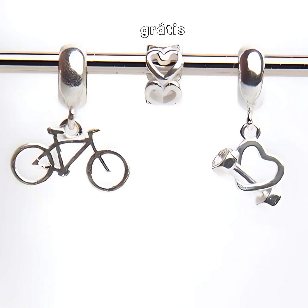 Leve 3 pague 2 - Kit de Berloques em Prata 925 com Coração e Halter, Bicicleta e Ganhe Mini Separador Corações