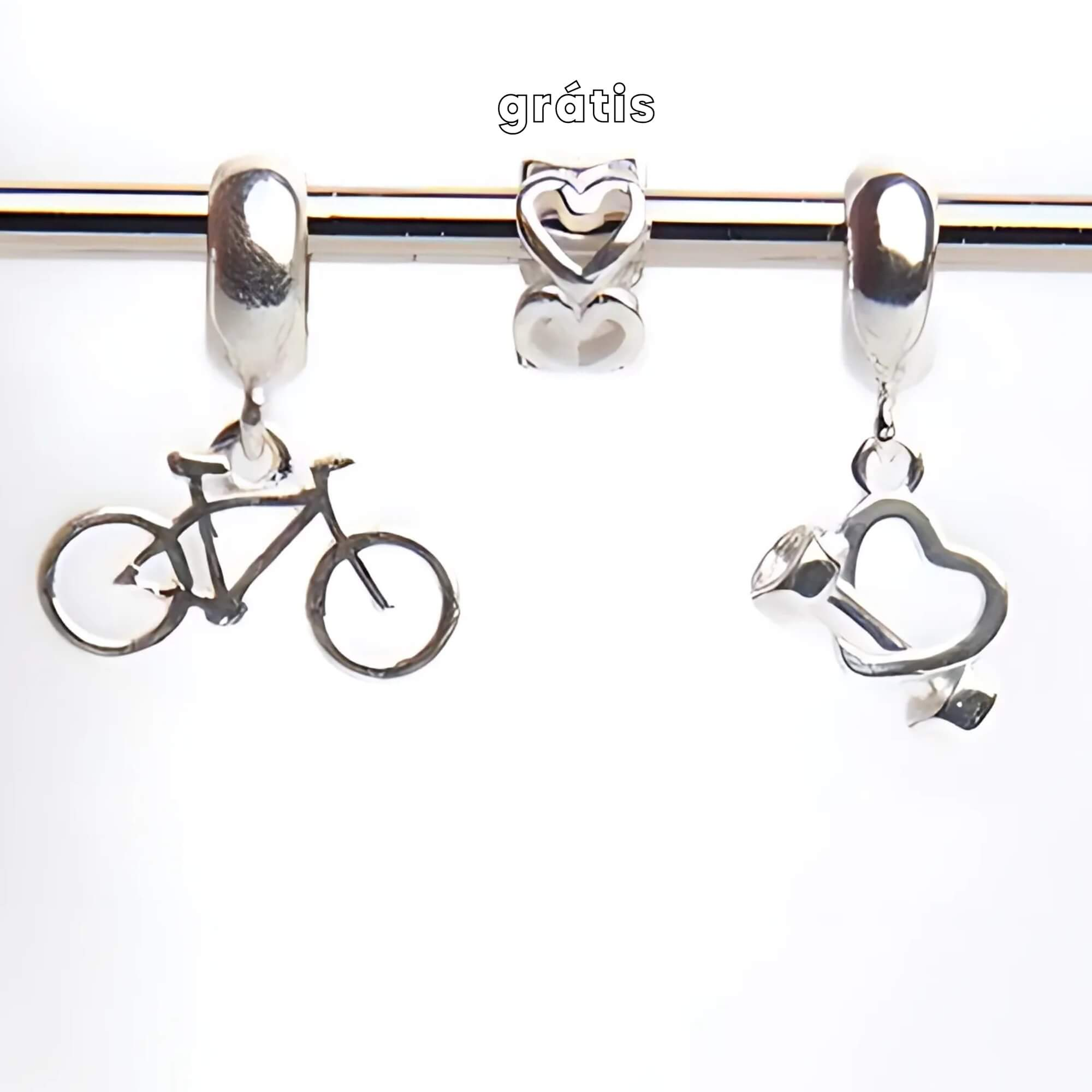 Leve 3 pague 2 - Kit de Berloques em Prata 925 com Coração e Halter, Bicicleta e Ganhe Mini Separador Corações