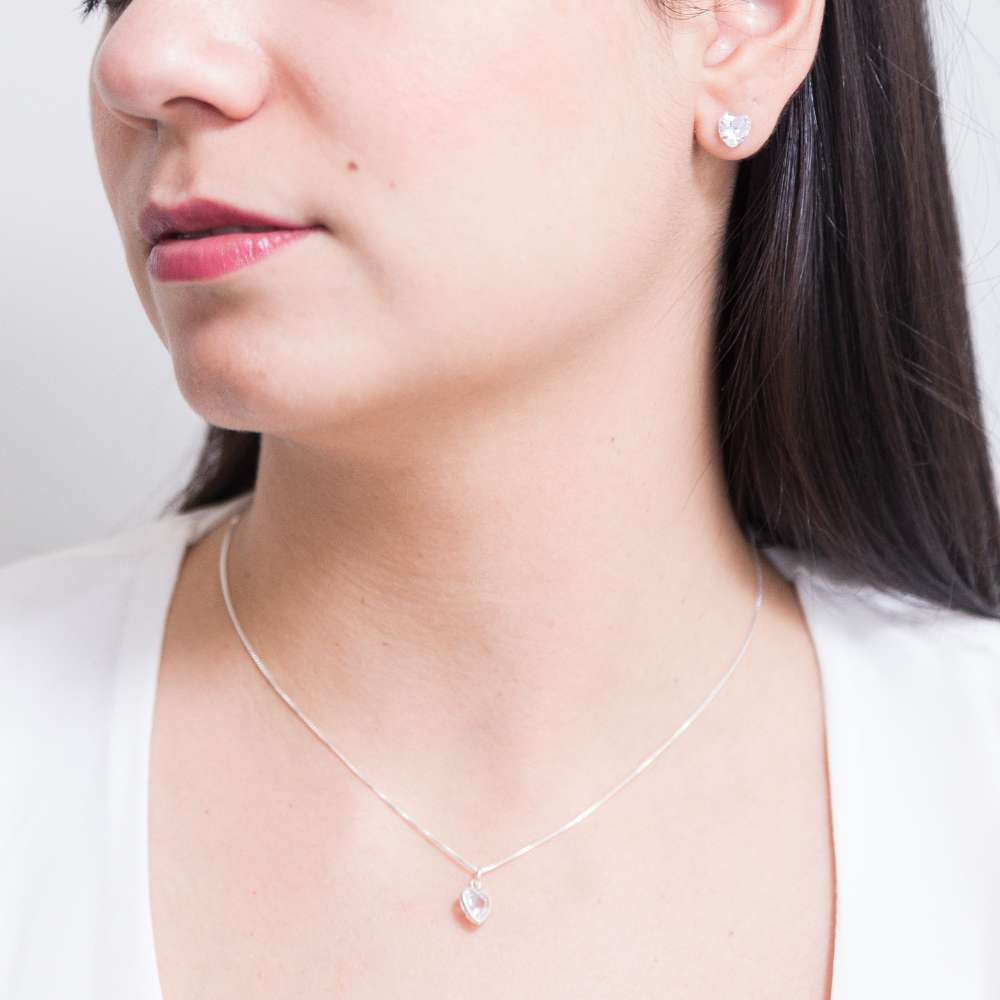 Conjunto Colar + Brinco Ponto de Luz Coração Prata 925