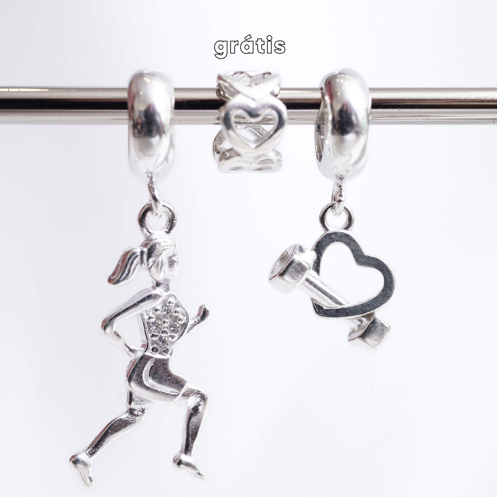 Leve 3 pague 2 - Kit de Berloques em Prata 925 com Coração e Halter, Corredora Zircônia e Ganhe Mini Separador Corações