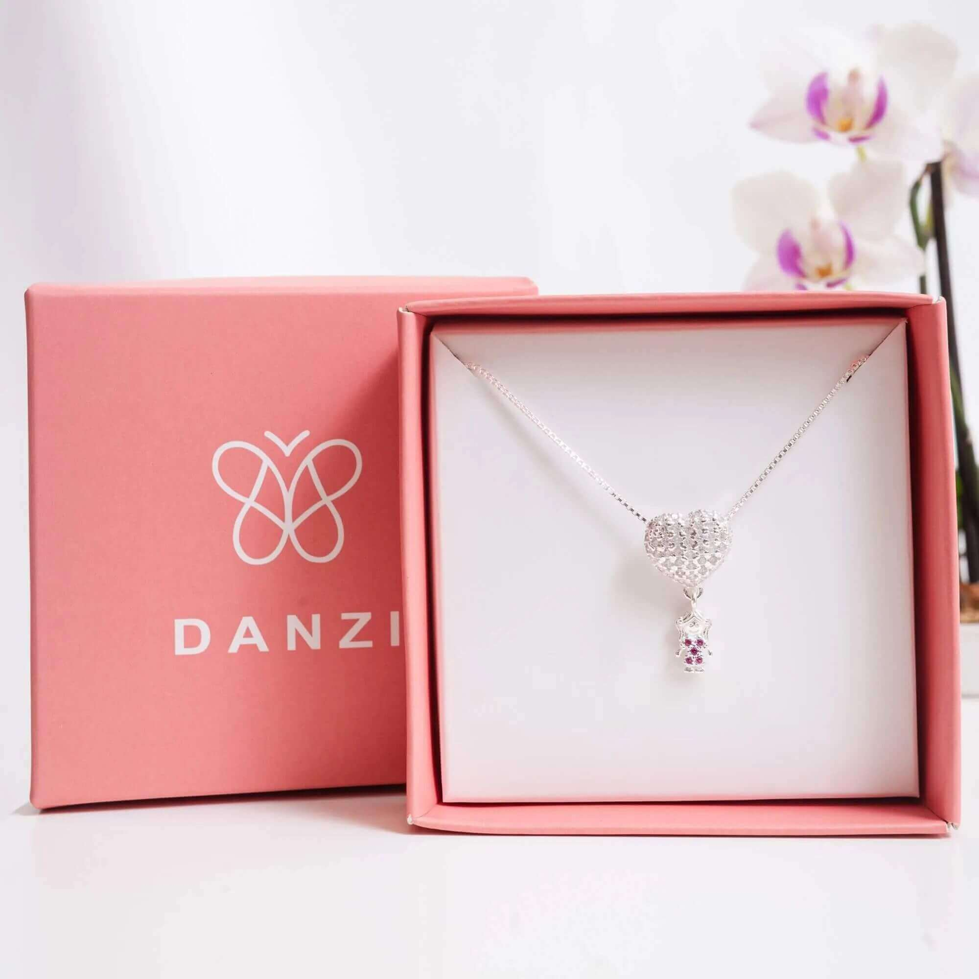 Kit Presente Prata 925 Colar Coração Cravejado com Menina Zircônias Pink
