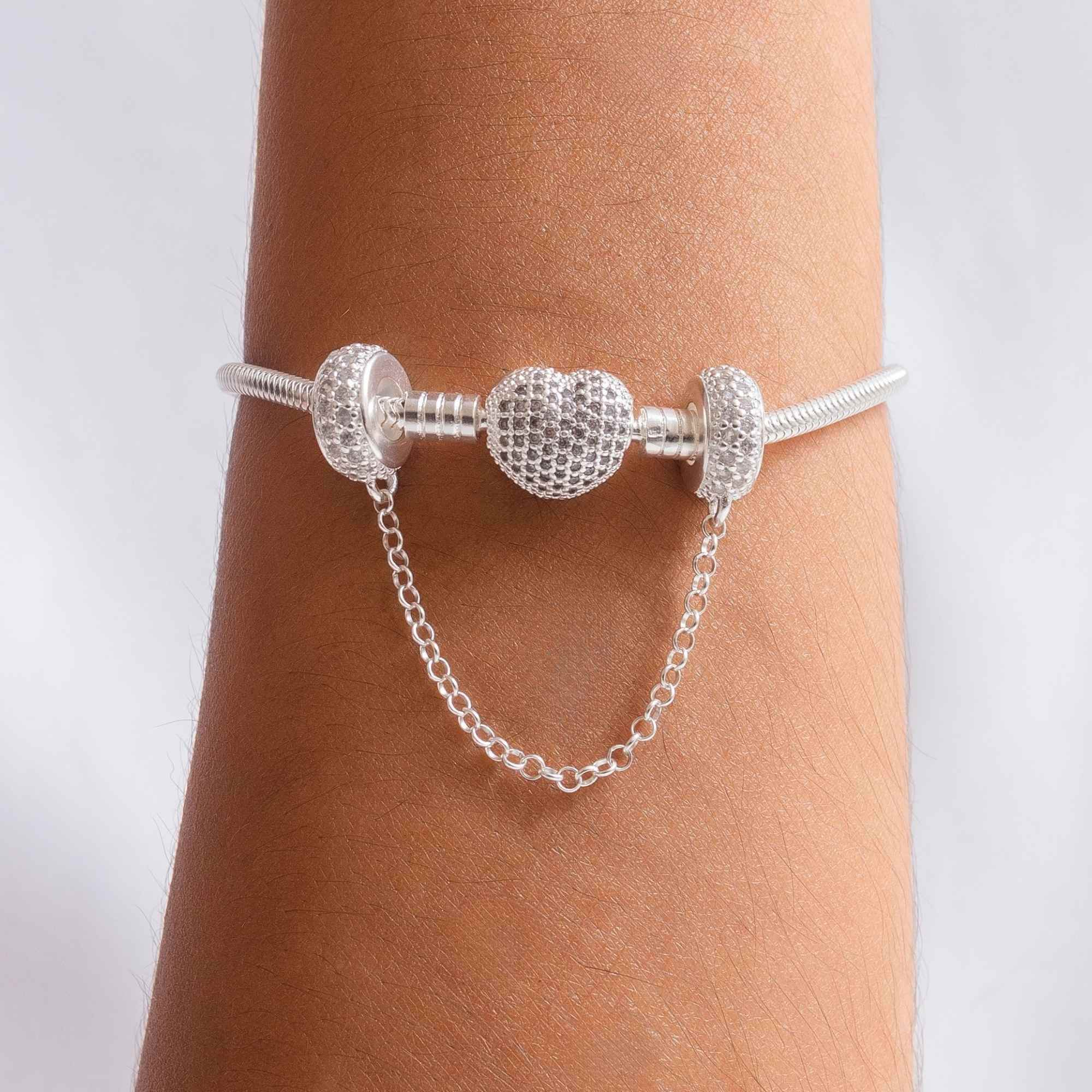 Kit Pulseira Coração Cravejado + Corrente de Segurança Cravejada Zircônia Cristal Prata 925