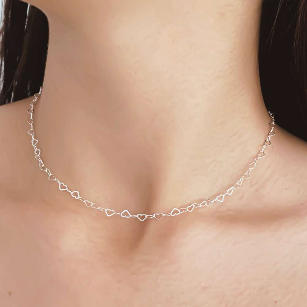 Corrente Elo de Corações 40cm Prata 925
