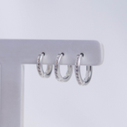 Trio de Brincos Argolas Click Aro Quadrado Cravejado com Zircônias Prata 925