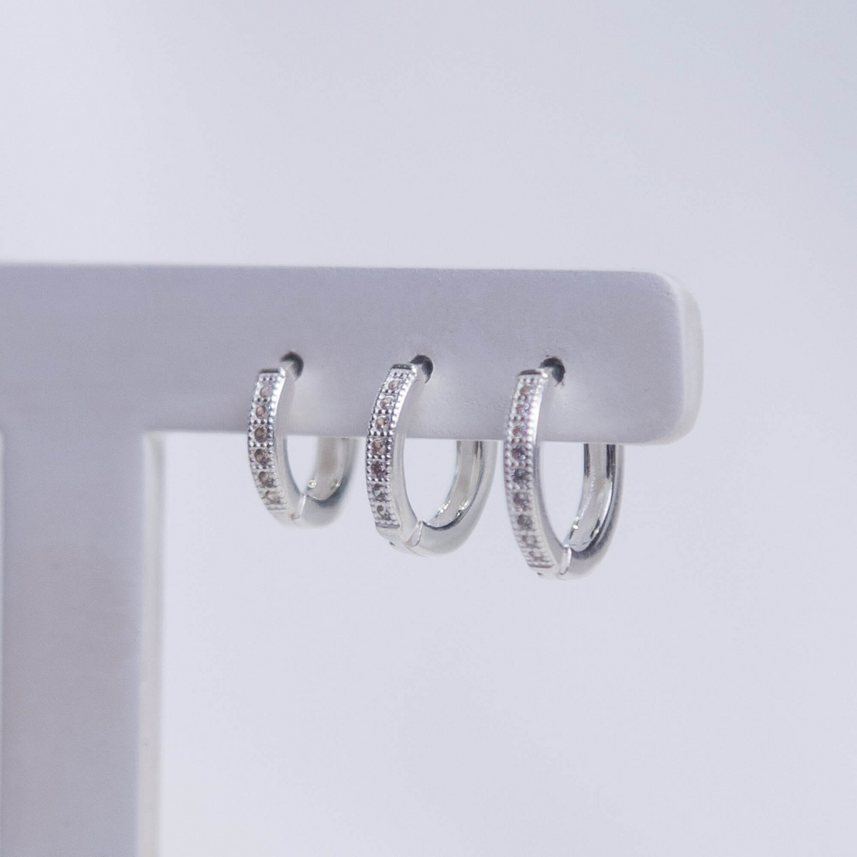 Trio de Brincos Argolas Click Aro Quadrado Cravejado com Zircônias Prata 925