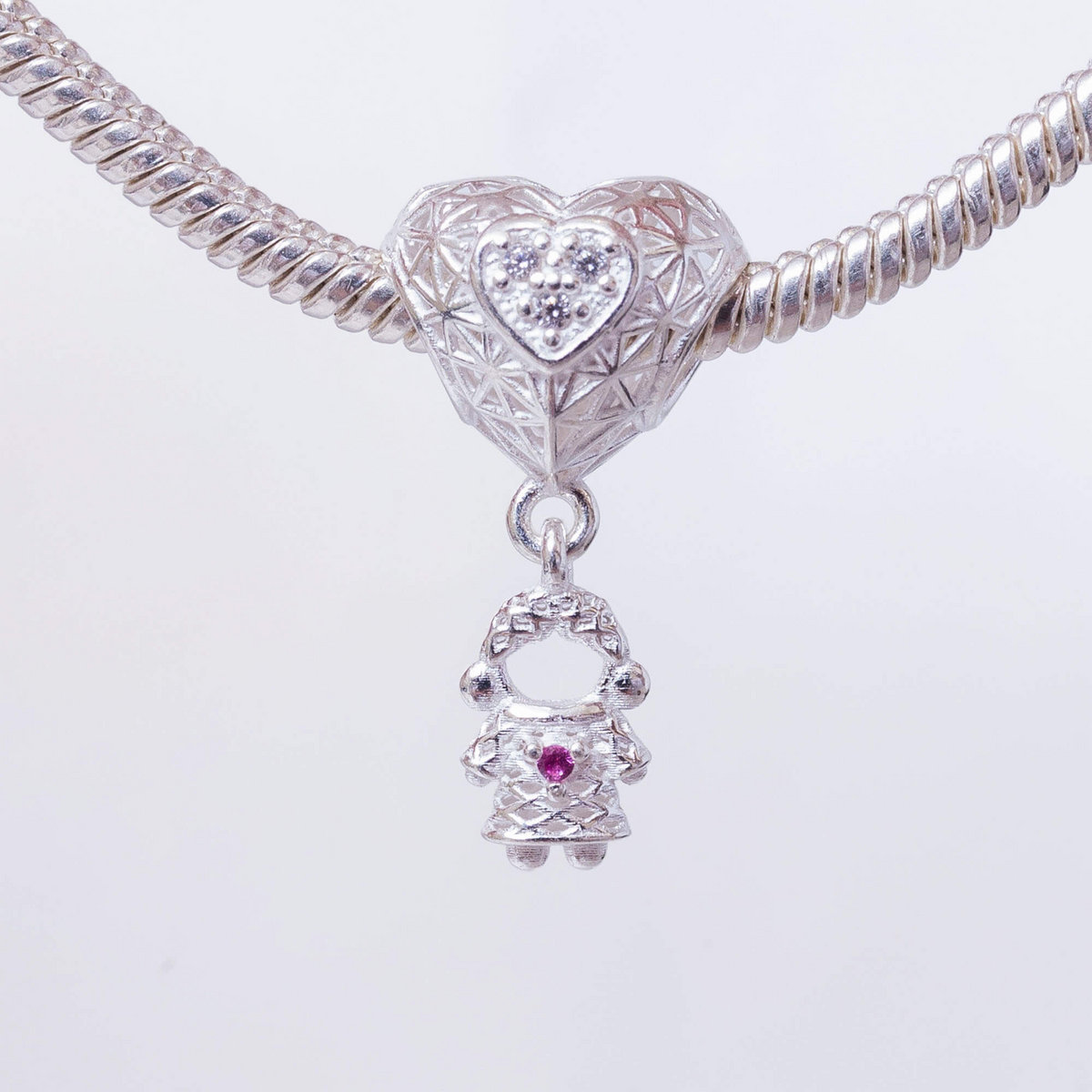 Berloque Separador Coração Menina Zircônia Rosa Pink Prata 925