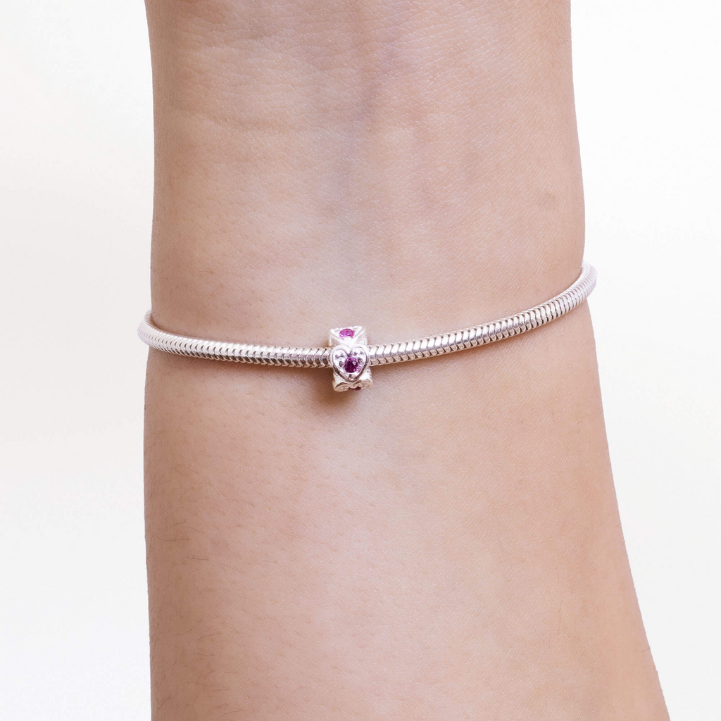 Berloque Mini Separador Corações com Zircônia Rosa Pink Prata 925