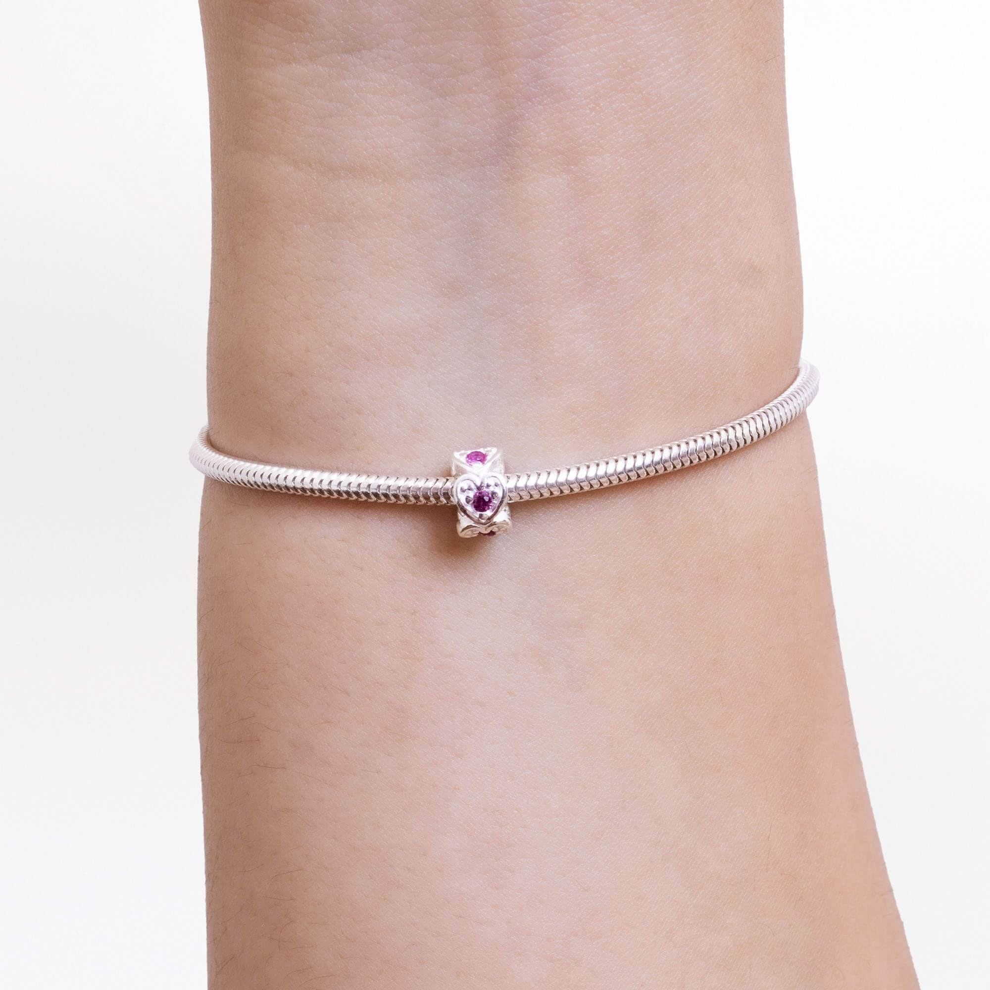 Berloque Mini Separador Corações com Zircônia Rosa Pink Prata 925