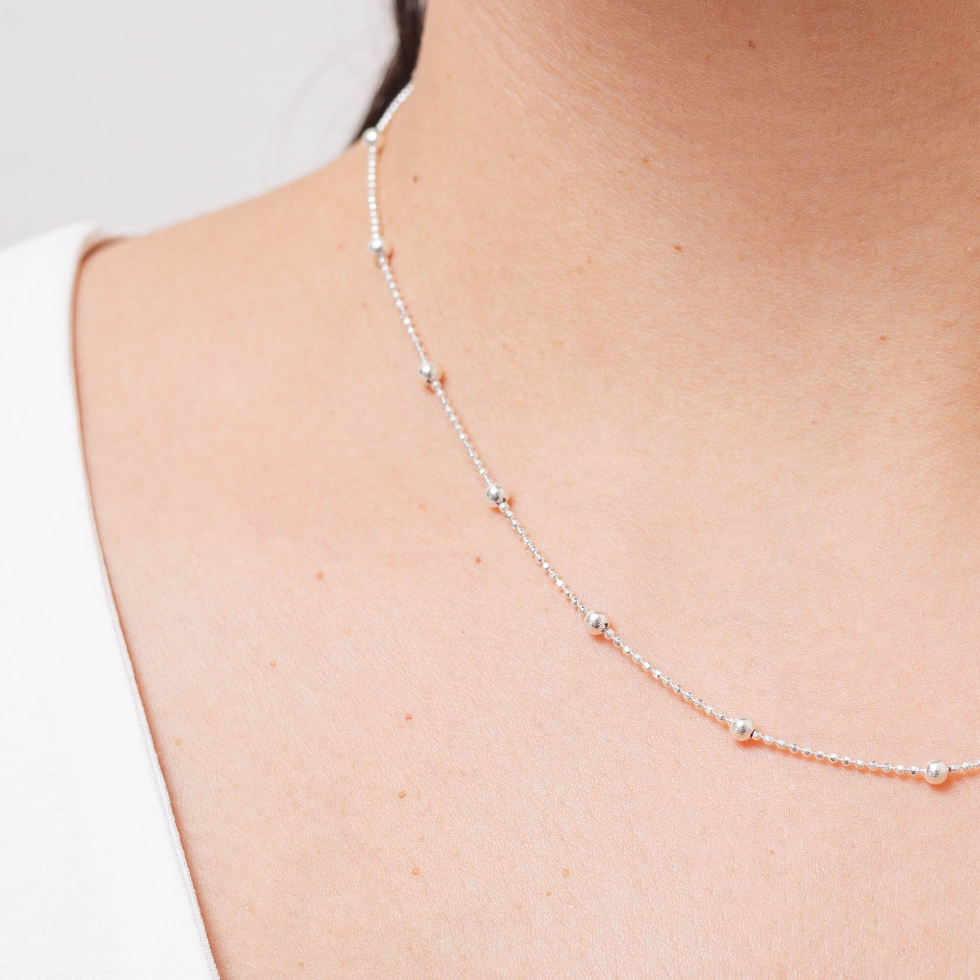 Corrente Bolinha Diamantada com Bolinhas 45cm Prata 925