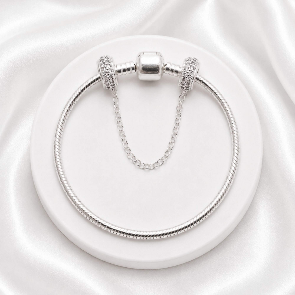Kit Pulseira Tradicional Lisa + Corrente de Segurança Cravejada Zircônia Cristal Prata 925