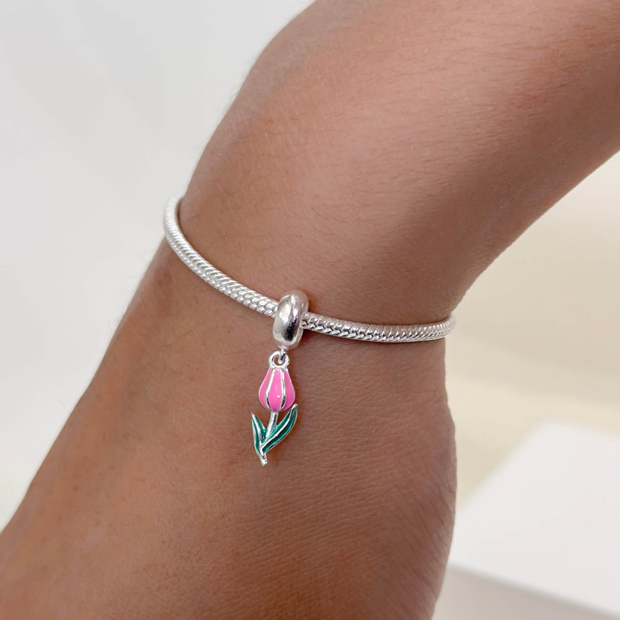 Berloque Flor Tulipa Rosa Prata 925