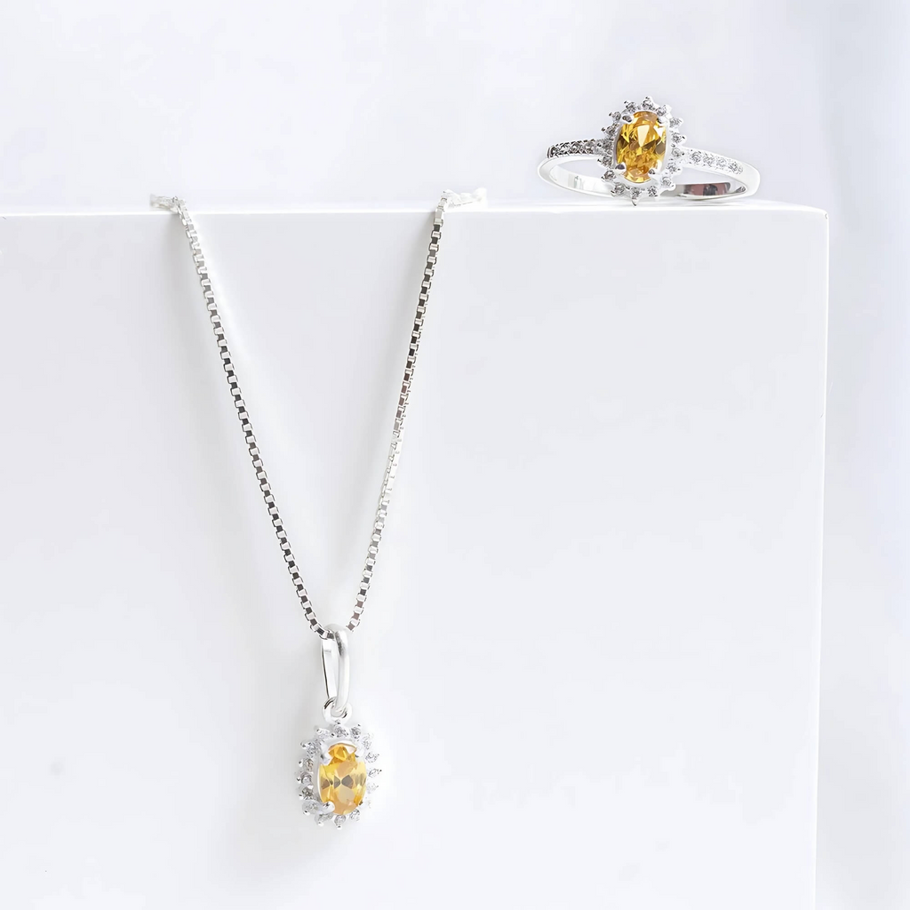 Colar Ponto de Luz Amarelo Topázio Com Cravejado Cristal 45 cm Prata 925