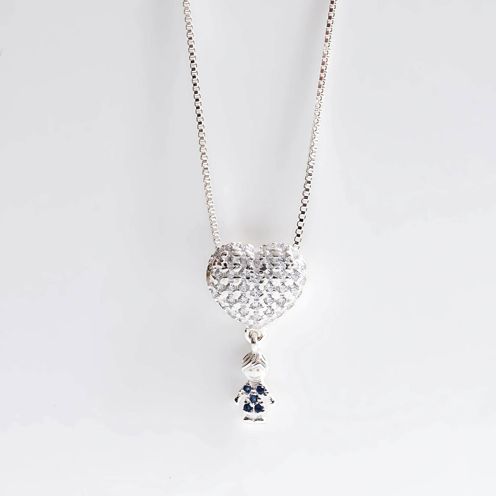 Colar Coração Cravejado com Menino Zircônias Azul Prata 925