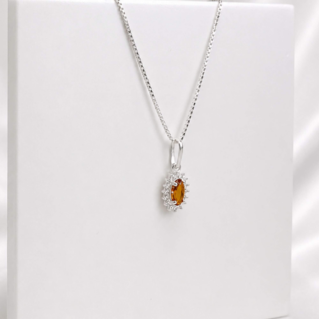 Colar Ponto de Luz Amarelo Citrino Com Cravejado Cristal 45 cm Prata 925