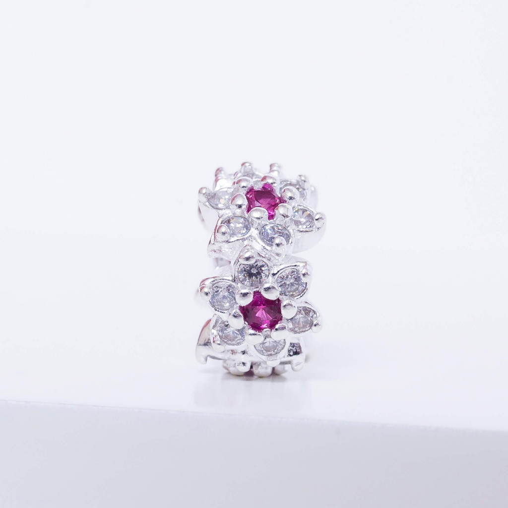 Berloque Mini Separador Flor Com Zircônia Rosa Prata 925