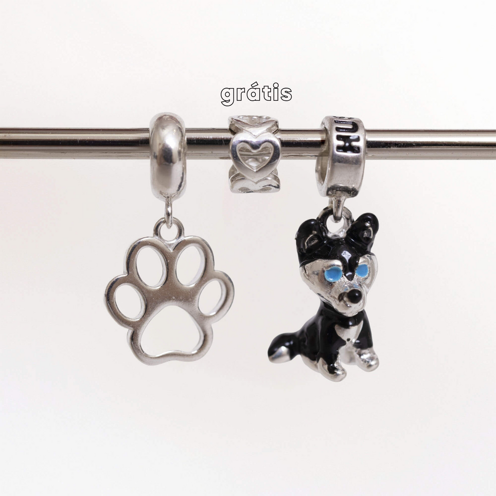 Leve 3 pague 2 - Kit de Berloques em Prata 925 com Patinha Vazada, Cachorro Husky e Ganhe Mini Separador Corações