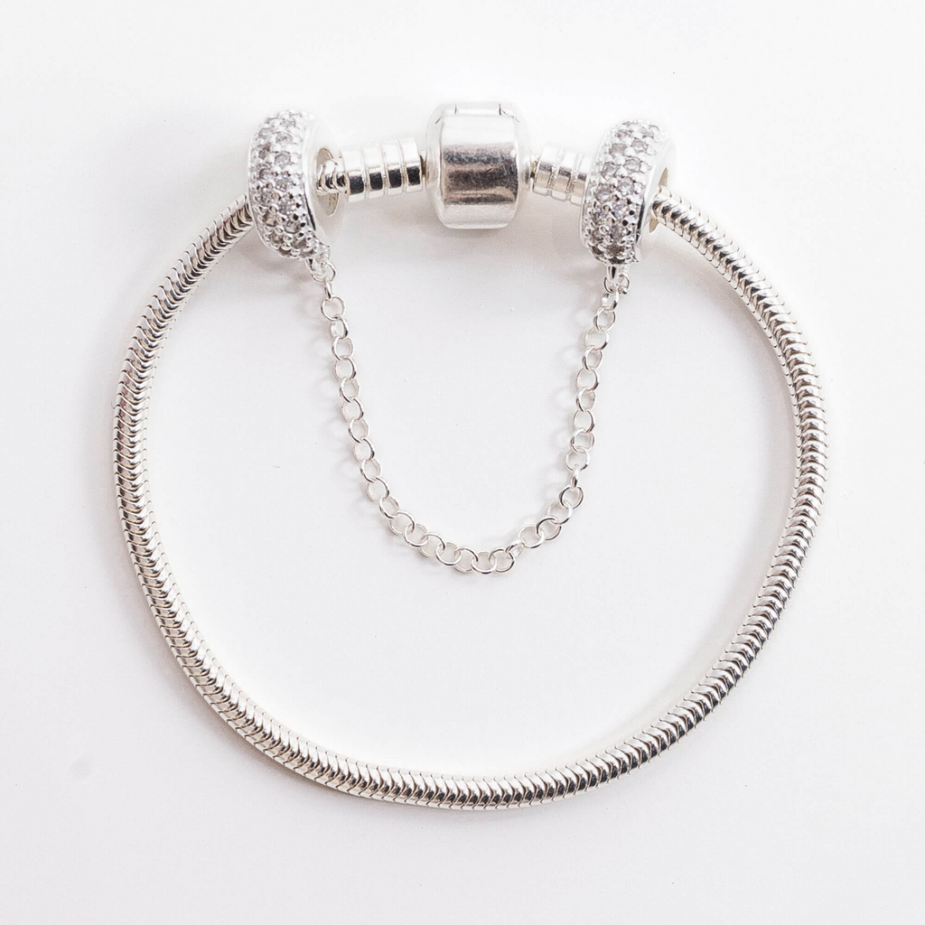 Kit Pulseira Tradicional Lisa + Corrente de Segurança Cravejada Zircônia Cristal Prata 925